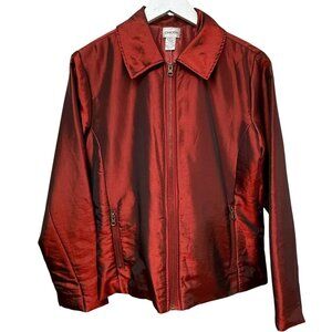 CHICOS Red Satin Shimmer Jacket Size Medium (Chicos 1) Zip Front Evening Holiday
